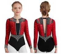 ZPFDSG Justaucorps De Gymnastique Fille Girls Sparkly Rhinestones Rhythmic Gymnastics Leotards Long Sleeve Bodysuit Dancewear Figure Skating Stage Performance Costumes(Burgundy,14)