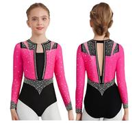 ZPFDSG Justaucorps De Gymnastique Fille Girls Sparkly Rhinestones Rhythmic Gymnastics Leotards Long Sleeve Bodysuit Dancewear Figure Skating Stage Performance Costumes(Hot Pink,12)