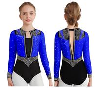 ZPFDSG Justaucorps De Gymnastique Fille Girls Sparkly Rhinestones Rhythmic Gymnastics Leotards Long Sleeve Bodysuit Dancewear Figure Skating Stage Performance Costumes(Blue,8)