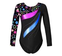 ZPFDSG Justaucorps De Gymnastique Fille Kids Long Sleeve Shiny Rhinestone Gymnastics Leotard Print Childs Figure Skating Jumpsuit For Girls Teens Ballet Dance Bodysuit(Star Black,10)