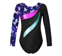 ZPFDSG Justaucorps De Gymnastique Fille Kids Long Sleeve Shiny Rhinestone Gymnastics Leotard Print Childs Figure Skating Jumpsuit For Girls Teens Ballet Dance Bodysuit(Blue,8)