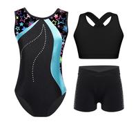 ZPFDSG Justaucorps De Gymnastique Fille Rhythmic Gymnastics Jumpsuit For Kids Girls Acrobatics Ballet Outfit Children's Print Leotard Rhinestones Skating Yoga Bodysuit(Cyan,14)
