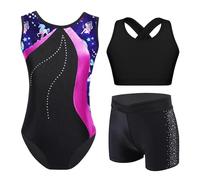 ZPFDSG Justaucorps De Gymnastique Fille Rhythmic Gymnastics Jumpsuit For Kids Girls Acrobatics Ballet Outfit Children's Print Leotard Rhinestones Skating Yoga Bodysuit(Blue Hot Pink,6)