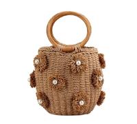 ZPFDSG Sac en Paille Femme Sac fourre-tout en paille for femme avec perles, fait à la main, tissé, avec cordon de serrage, idéal for les vacances d'été ou la plage(Camel)