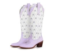 ZPFDSG Santiag Femme Bottes de cow-girl blanches à enfiler et hauteur genou for femmes avec nœud, grandes tailles, bottes de cowboy confortables for femmes(SH240901E,40)