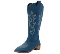 ZPFDSG Santiag Femme Bottes de cowboy hautes for femmes, chaussures de marche à talons mi-hauts, bottes épaisses à fermeture éclair, escarpins punk(Blue,38)