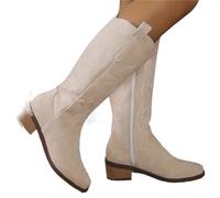 ZPFDSG Santiag Femme Bottes de cowboy hautes for femmes, chaussures de marche à talons mi-hauts, bottes épaisses à fermeture éclair, escarpins punk(Beige,37)