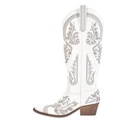 ZPFDSG Santiag Femme Bottes de cowboy western blanches brodées à bout pointu for femmes, bottines à talons carrés et à enfiler(Color7,14)