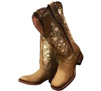 ZPFDSG Santiag Femme Bottes for femmes à bout rond, style rétro brodé, antidérapantes, mi-mollet(Khaki,36)