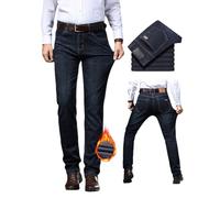 ZPLMIDE Men's Business Casual Stretch Jeans, Men's High Waist Straight Fit Fleece Thermo Denim Jeans for Winter/Autumn (Black-Fleece,36 W)