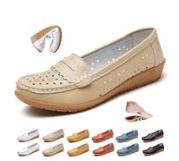 ZPLMIDE Mocassins orthopédiques pour femme, coupe large, mocassins décontractés en cuir, chaussures bateau à talons compensés, chaussures de marche à enfiler, Beige creux, 0 UK