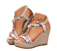 ZPLMIDE Sandales bohème à talon compensé pour femme - Espadrilles à bout ouvert - Large largeur - Sangle élastique à la cheville - Confortables - Chaussures de plage d'été, A Silver, 36 EU