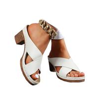 ZPLMIDE Sandales d'été épaisses en cuir pour femme - Style bohème - Petit talon bloc - Coupe large, Croix blanche, 0 UK Wide