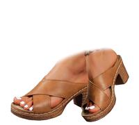 ZPLMIDE Sandales d'été épaisses en cuir pour femme - Style bohème - Petit talon bloc - Coupe large, Croix marron, 0 UK Wide