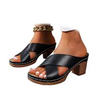 ZPLMIDE Sandales d'été épaisses en cuir pour femme - Style bohème - Petit talon bloc - Coupe large, Croix noire., 0 UK Wide