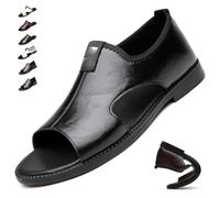 ZPLMIDE Sandales plates décontractées en cuir pour homme avec semelle antidérapante pour la marche, la conduite, l'été, les vacances, la plage, a noir, 43 1/3 EU