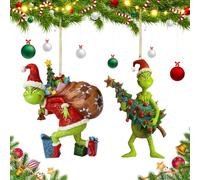 ZPQAODI Grinch - Lot de 2 décorations de Noël à suspendre - Décoration de sapin de Noël - Ornement du Nouvel An - Elfes amusants 2D - Résine verte - Pour la maison et les fêtes