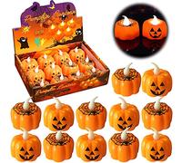 ZPQAODI Lot de 12 bougies LED décoratives pour Halloween, bougies chauffe-plat LED citrouille, bougies chauffe-plat LED sans flamme vacillantes, bougie citrouille, bougie chauffe-plat décorative pour