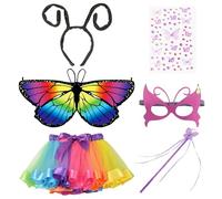 ZPQJV 6 Pièces Deguisement Papillon, Déguisement Carnaval avec Ailes de Papillon, Bandeau, Jupe Tutu Colorée, Baguette Magique, Masque, Tatouages, Idéal pour Carnaval, Halloween, Spectacles, Cosplay