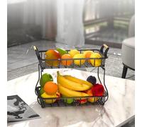 ZPSHYD Panier de rangement à fruits à 2 niveaux, organiseur de comptoir de cuisine avec poignée en bois, panier rectangulaire amovible en métal pour pain, légumes et fruits, maille d'acier au carbone