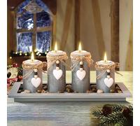ZQEJEFD Bougeoir Ensemble,4pcs Bougeoirs Vintage Ensemble avec Palette en Bois Gris et Galets,Chandelier Photophore pour Mariage,Dîner Aux Chandelles,Décoration d'Intérieur,Bougeoirs Cadeau Fille Noël