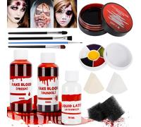 ZQEJEFD Kit Faux Sang Halloween, Faux Sang Foncé+Faux Sang Frais+Gel de Faux Sang+Latex+6 Couleurs Halloween Maquillage+Pinceau Maquillage et éponge,Festival Étapethéâtral Cicatrice Plaie SFX Makeup