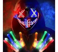 ZQEJEFD LED Masque Halloween, Halloween Carnaval Masque Purge Led Masques,3 Modes de Clignotement,avec Gants Squelette pour la DéCoration de Costumes de FêTe de Carnaval,Cosplay,DéCorations de FêTe