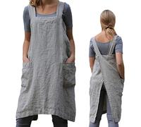 ZQFFB Tablier croisé dans le dos pour femmes avec poches, blouse japonaise pour le travail, le jardinage, la cuisine, la peinture, la pâtisserie, gris, M