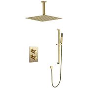 ZQFHSX Ensemble de Douche, Ensemble thermostatique de Plafond à Effet Pluie brossée avec pommeau de Douche carré de 10 à 12 Pouces et Barre de Douche réglable en Hauteur,