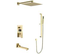 ZQFHSX Ensemble de Douche, Finition brossée, Affichage numérique LED Mural Effet Pluie avec pommeau carré de 25 à 30 cm et robinetterie de Baignoire avec Barre de Douche coulissante, 25 c