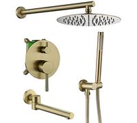 ZQFHSX Ensemble de Douche Mural en Acier Inoxydable plaqué Or brossé, Comprenant Une Pomme de Douche Ronde Effet Pluie de 20 à 30 cm, Une douchette et Un Robinet de Baignoire. Design luxu