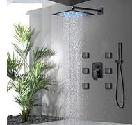 ZQFHSX Ensemble de robinetterie de Douche LED Noir - Pommeau de Douche Effet Pluie de 25 cm avec 6 Jets de Spa, mitigeur 3 Voies Eau Chaude/Froide, système de Bain de Luxe, rénovation de