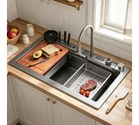 ZQFHSX Ensemble évier de Cuisine Cascade en Acier Inoxydable avec Robinet extractible, cuve Unique à Montage sur Le Dessus et revêtement Nano, Accessoires de Cuisine : Lave-Batterie sous