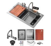 ZQFHSX Ensemble évier de Cuisine en Acier Inoxydable à Effet Cascade avec Robinet extractible, cuve Unique à Montage sur Le Dessus avec revêtement Nano, Accessoires de Poste de Travail, l