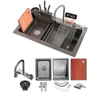 ZQFHSX Ensemble évier de Cuisine en Acier Inoxydable à Effet Cascade avec Robinet extractible, cuve Unique à Montage sur Le Dessus avec revêtement Nano, Accessoires de Poste de Travail :