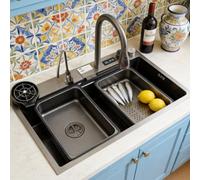 ZQFHSX Ensemble évier de Cuisine en Acier Inoxydable avec Robinet extractible, cuve Unique à Montage sur Le Dessus et revêtement Nano, Accessoires pour Poste de Travail : Lave-autocuiseur