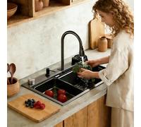 ZQFHSX Ensemble évier de Cuisine en Acier Inoxydable avec Robinet extractible, cuve Unique à Montage sur Le Dessus et revêtement Nano, Accessoires pour Poste de Travail : Lave-autocuiseur