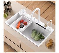 ZQFHSX Évier Cascade à Une cuve en Acier Inoxydable, Blanc, Multifonctionnel, Style Ferme, Robinet extractible et Ensemble d'accessoires Complet (Couleur : Blanc, Dimensions : 80 x 45 x 2