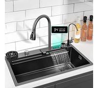 ZQFHSX Évier Cascade Moderne à encastrer sous Plan Intelligence en Acier Inoxydable 304, Une cuve, 75 x 45 x 21 cm, Noir-Gris, 2 Trous, bonde Centrale, Finition Mate