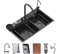 ZQFHSX Évier Cascade Multifonctionnel en Acier Inoxydable à Une cuve avec Robinet extractible et Lave-Tasses, Ensemble d'accessoires Complet (Couleur : Noir, Dimensions : 75 x 45 x 21 cm)