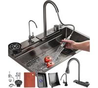 ZQFHSX Évier Cascade Noir 68 x 45 cm en Acier Inoxydable, Multifonctionnel - Plan de Travail à Une cuve avec Robinet extractible, Siphon et Couvercle.