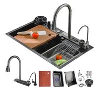 ZQFHSX Évier Cascade Noir, évier de Cuisine Multifonctionnel Moderne en Acier Inoxydable à 1 bac avec Siphon, paniers de rinçage et d'égouttage en Verre, trop-Plein et Accessoires Inclus.