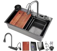 ZQFHSX Évier Cascade Noir, évier de Cuisine Multifonctionnel Moderne en Acier Inoxydable à 1 bac avec Siphon, paniers de rinçage et d'égouttage en Verre, trop-Plein et Accessoires Inclus.
