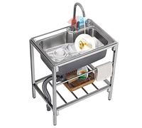 ZQFHSX Évier Commercial en Acier Inoxydable pour Cuisine, Restauration et Restaurant, avec Une cuve, Robinet Eau Chaude/Froide, crépine et étagère de Rangement. Convient pour Bar, extérie