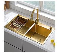 ZQFHSX Évier de Bar à Double cuve avec Robinet encastré en Acier Inoxydable 304, cuve à Gradins (Couleur : Or-c, Dimensions 82x45x21cm)