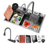 ZQFHSX Évier de Bar Multifonctionnel à Effet Cascade en Acier Inoxydable Noir avec Robinet extractible, revêtement Nano, trop-Plein à Siphon et bonde. Idéal pour Les Cuisines et Les Bars.