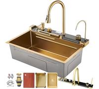 ZQFHSX Évier de Cuisine 80 x 45 cm, Design Cascade, Finition INOX doré, 1 cuve, Robinet mitigeur Extensible, égouttoir à Verres et Panier d'égouttage, Ensemble d'accessoires Inclus