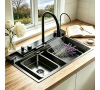 ZQFHSX Évier de Cuisine 85 x 50 cm, Design Cascade, Finition INOX Noir, 1 cuve, Robinet mitigeur Extensible, égouttoir à Verres et Panier d'égouttage, Ensemble d'accessoires Inclus