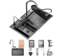 ZQFHSX Évier de Cuisine à Cascade en Acier Inoxydable Noir Nano à Montage par Le Dessus, Poste de Travail Multifonctionnel à Une cuve avec Robinet extractible, Lave-Verres, Bassin d'égout