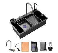 ZQFHSX Évier de Cuisine à cuve Unique avec Robinet extractible, Lave-Tasses, Robinet d'eau Potable et bonde, en Acier Inoxydable 304, pour Camping-Car, Grand Plan de Travail Noir et Gris